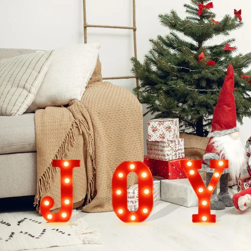 Vista 2 de Decoraciones de Navidad para Interiores Decoración del Hogar - 3 LED 8.5 Pulgadas Luces de Marquesina Iluminadas con Letras JOY, Letreros de Navidad