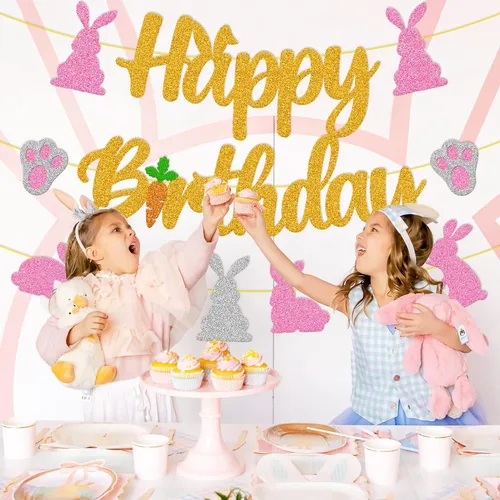 Vista 7 de Cartel de cumpleaños de conejo, decoraciones de fiesta de cumpleaños, orejas de conejo, zanahoria, día de Pascua, tema para niños y niñas