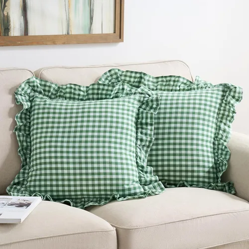 Vista 42 de Paquete de 2 fundas de almohada europeas a cuadros azul polvoriento, blanco, a cuadros, 100% algodón lavado, a cuadros, estilo francés, rústico