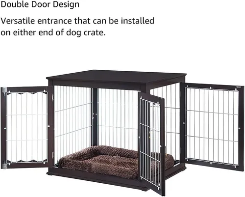 Vista 5 de unipaws - Mesa auxiliar estilo mueble con cojín para perros de 36 pulgadas, jaulas de alambre de madera para mascotas con puertas dobles, casa