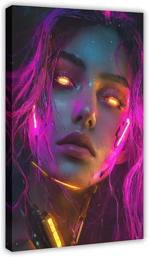 XAHOR Neon Cyberpunk Woman Wall Art Vibrant Retro Futuristic Digital Portrait Poster Canvas Wall Art Print Poster For Home School Office Decor