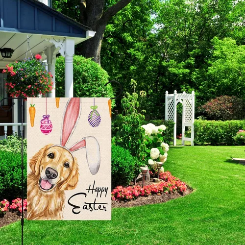Vista 2 de Louise Maelys Bandera de jardín de Pascua de 12 x 18 pulgadas, arpillera de doble cara, pequeño perro retriever dorado vertical con orejas