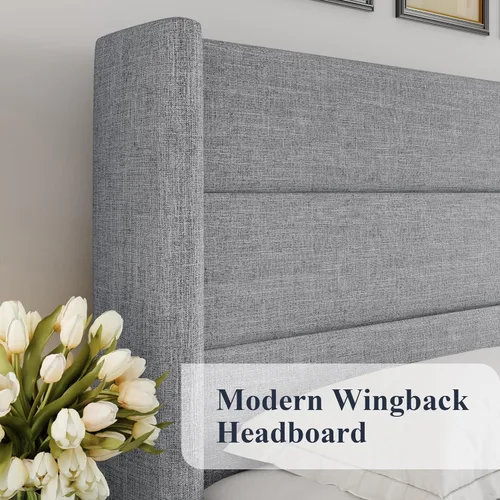 Vista 4 de Allewie Cama de almacenamiento elevable tamaño Queen, cabecera moderna con respaldo alado, soporte hidráulico, no necesita somier, gris claro