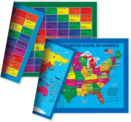 Natural Learning - Mantel individual para niños (2 manteles individuales: Mapa mundial centrado en Estados Unidos/Europa; multiplicación y división