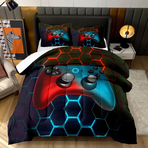 Vista 9 de Ailonen Juego de ropa de cama para videojuegos, tamaño Queen, edredón de 3 piezas y 2 fundas de almohada con tema de control de videojuegos