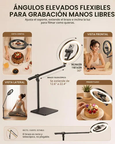 Vista 4 de Anillo de luz con soporte para escritorio, soporte de teléfono superior ajustable con trípode de luz de anillo de 10 pulgadas para iPhone, trípode