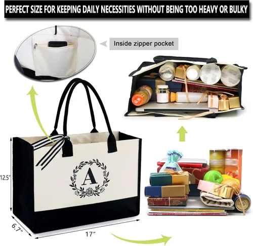 Vista 2 de BeeGreen Bolsa de lona con inicial con bolsillo con cremallera, bordado de 13 onzas, regalo de cumpleaños personalizado para mujeres