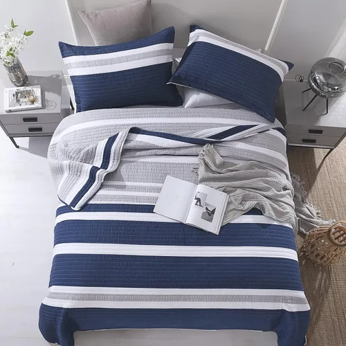 Vista 2 de SahSahCasa Juego de edredón tamaño King, 100% algodón, edredón azul marino, juego de ropa de cama King, edredón reversible ligero a rayas para cama