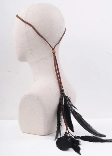 Vista 3 de Jumwrit Diadema de plumas bohemias, tocado gitano hippie con plumas negras, tocado de borla ajustable cuerda de cáñamo con cuentas, accesorios