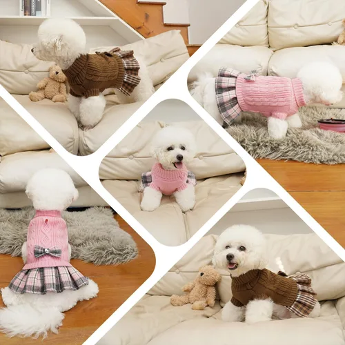 Vista 5 de YUDODO Vestido suéter para perro pequeño con corbata de cuello alto y lazo - Ropa de invierno tejida para perros hembras - Suéter cálido para Marrón