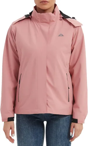 Vista 2 de MOERDENG Chaqueta impermeable para mujer, ligera, con capucha, para senderismo, cortavientos softshell
