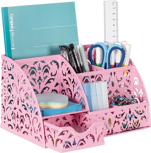 Vista 19 de Organizador de escritorio EasyPAG con cajón y soporte para lápices, organizador de escritorio de 6 compartimentos, organizador de metal para oficina