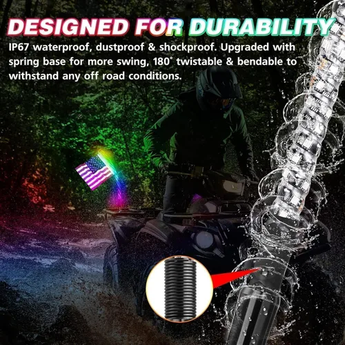 Vista 4 de Luces LED para látigo, 2 unidades, 2 pies, UTV, ATV, látigos iluminados, aplicación Bluetooth, control remoto, luces LED RGB, antenas de látigos