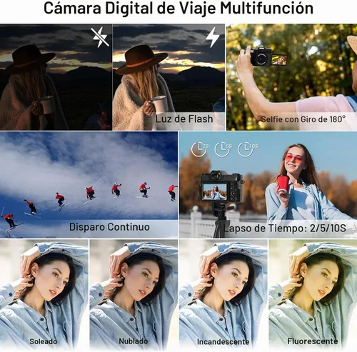 Vista 8 de Cámara digital de 75 MP, cámara de vlogging WiFi 4K con pantalla abatible de 180° de 3.0 pulgadas, cámara compacta de enfoque automático de 16X