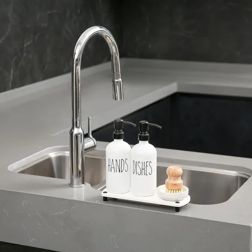 Vista 5 de Juego de dispensador de jabón blanco MOMEEMO viene con bombas de acero inoxidable, bandeja de secado instantáneo y cepillo de limpieza de platos