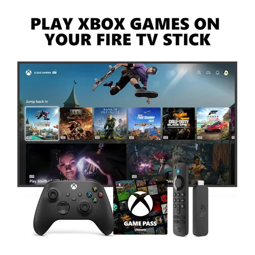 Vista 12 de Xbox Wireless Controller (2025) Carbon Black + Fire TV Stick 4K Max Game Pass Ultimate 1 Month - Gaming Bundle, Windows, Mobile & Smart TVs
