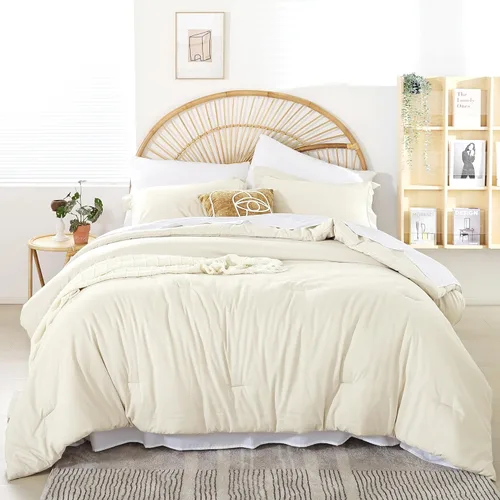 Vista 10 de weigelia Juego de edredón de tamaño matrimonial de 7 piezas, color beige, edredón de microfibra suave para todas las estaciones con sábanas, juego
