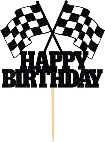 Vista 2 de Decoración para pastel de auto de carreras, bandera a cuadros, purpurina, decoración de pastel con temática de feliz cumpleaños