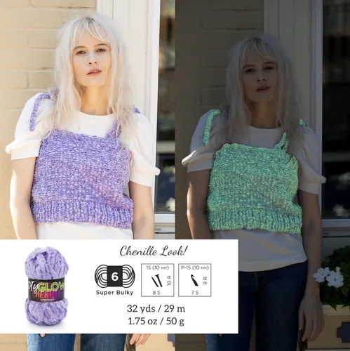 Vista 3 de Lion Brand Yarn Chenilla Resplandeciente DIY, Hilo Grueso, Glow Worm, 1 Paquete