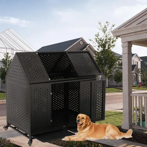 Vista 5 de Jaula para perros resistente de 44 pulgadas con ruedas, perrera indestructible a prueba de escapes con pestillo de bloqueo y puerta doble, jaula