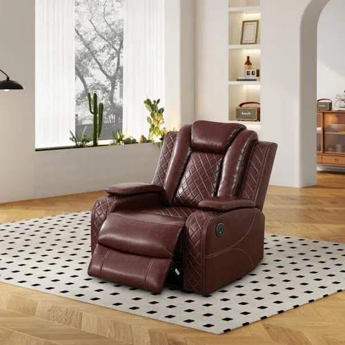 Vista 22 de Juego de sofá reclinable eléctrico para sala de estar, sofás reclinables de cuero blanco crema con puerto USB, sofá de cuero con sillón reclinable