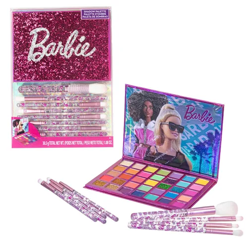 Barbie - Paleta de Sombras de Ojos de 35 Compartimentos, Colores Brillantes y Opacos, Pigmentada Mezclable, 8 Pinceles de Aplicación, Para Edades de