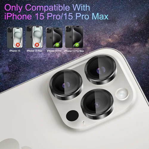 Vista 7 de Protector de lente de cámara para iPhone 15 Pro/15 Pro Max, protector de lente de anillo de cámara de vidrio templado individual con bandeja