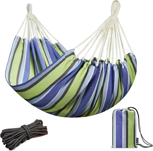 Vista 13 de JoyView Hamaca doble brasileña con cuerdas colgantes, extragrande de 86.6x59" hamaca portátil de algodón para patio, jardín, porche, capacidad