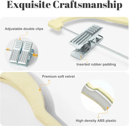 Vista 4 de HOUSE DAY - Perchas de terciopelo para faldas, paquete de 12, perchas beige para pantalones con clips ajustables, perchas delgadas que ahorran