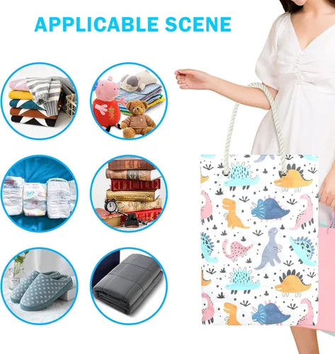Vista 4 de Cesta de lavandería de dinosaurios, 78 L, grande, plegable, alta, impermeable, bolsa de ropa sucia con cuerdas de algodón, asas de almacenamiento