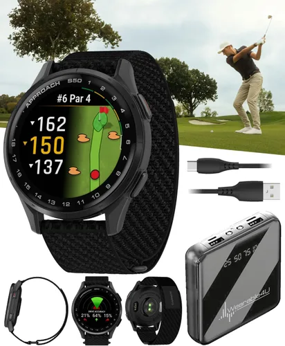 Vista 10 de Garmin Approach S44 GPS Reloj inteligente de golf con bisel de aluminio plateado y banda de silicona negra con paquete de batería portátil Wearable4U