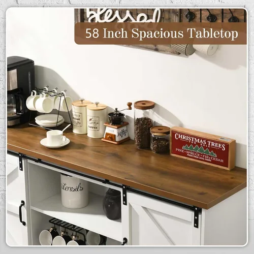 Vista 5 de 4ever2buy Farmhouse Coffee Bar Cabinet with Storage, 58'' Sideboard Buffet Cabinet with Sliding Barn Door, White Coffee Bar with Gourd Feet