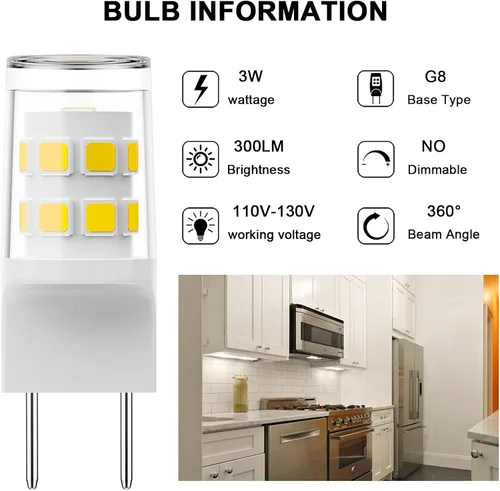 Vista 7 de Bombilla LED G8, bombillas de microondas de 20 W debajo del capó de repuesto para horno microondas GE Samsung, sustituye a WB25X10019, luz blanca