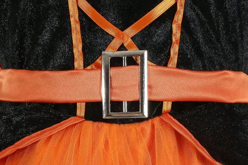 Vista 5 de LMYOVE Disfraz de bruja púrpura para niñas, disfraz de disfraz de Helloween, verde y naranja