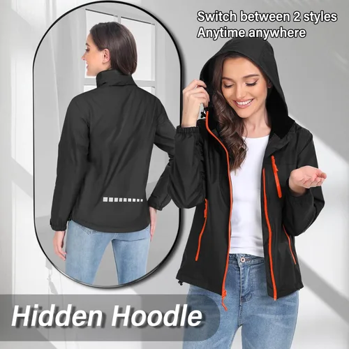 Vista 5 de Ourcan Chaqueta impermeable plegable para mujer, ligera, impermeable, con capucha, cortavientos para viajes al aire libre, senderismo