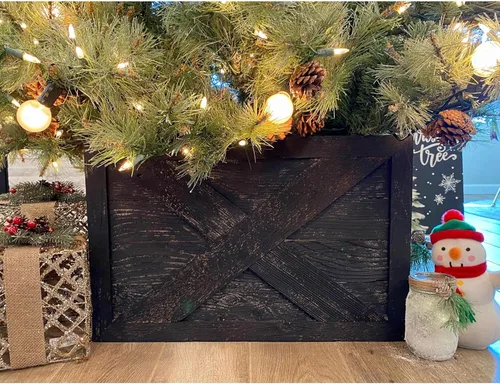 Vista 11 de BARNWOODUSA Collar o Caja para Árbol de Navidad Hecho de Madera Recuperada, Falda Rústica, Bloques de Repuesto, Paneles de Tiras de Velcro, 37x27