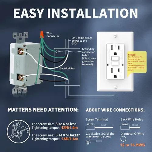 Vista 7 de Tomacorriente GFCI, Tomacorrientes Resistentes a Manipulación, Receptáculo GFI de Autoprueba Certificado por UL con 2 Indicadores LED, 15 Amperios