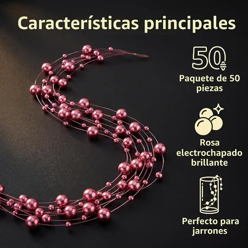 Vista 5 de 50 piezas de cadenas de perlas para velas flotantes, perlas artificiales para relleno de jarrón, decoraciones centrales de mesa para boda, fiesta