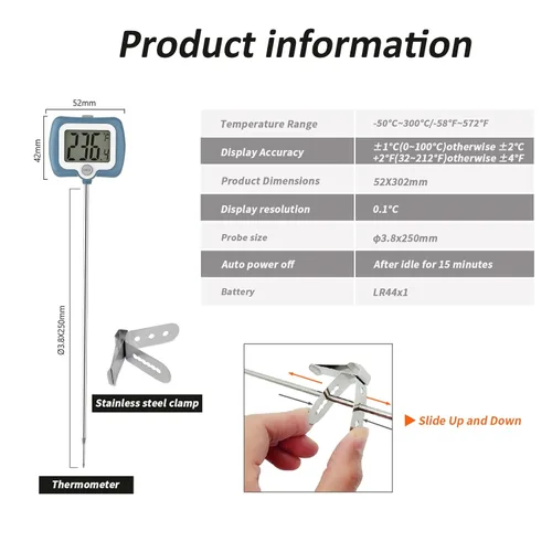Vista 5 de KT THERMO Termómetro digital para dulces, termómetro LCD de lectura instantánea para alimentos con sonda de 10 pulgadas y clip para olla para hacer