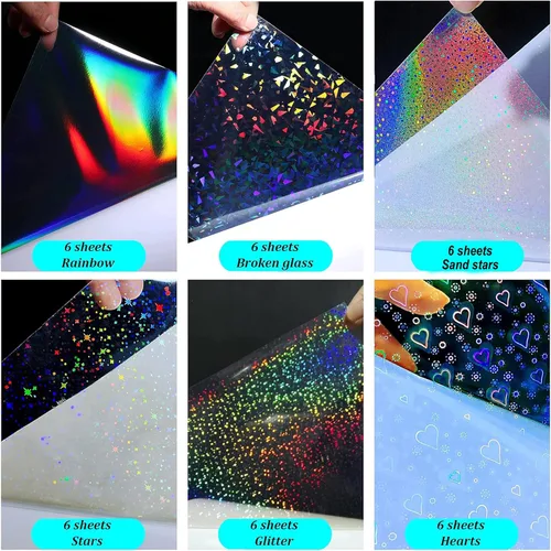 Vista 2 de 36 hojas de papel adhesivo holográfico transparente A4, láminas de vinilo autoadhesivas, película laminada de superposición
