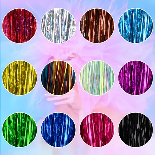 Vista 2 de FEBSNOW Extensión de cabello de oropel de 47 pulgadas con herramienta, 12 colores, 2400 hebras, kit de extensiones de cabello con purpurina