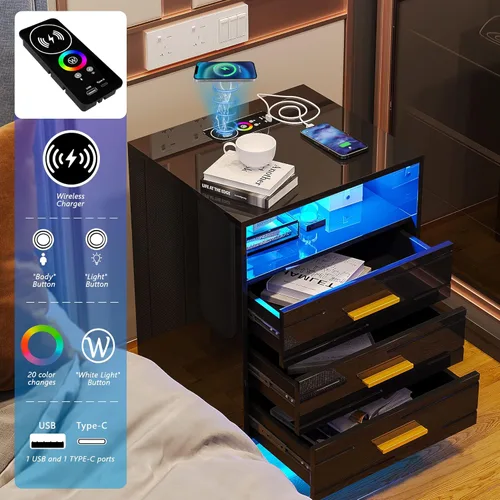 Vista 44 de HNEBC Mesita de noche LED, mesita de noche negra con estación de carga, USB + tipo C + carga inalámbrica, mesita de noche inteligente con sensor