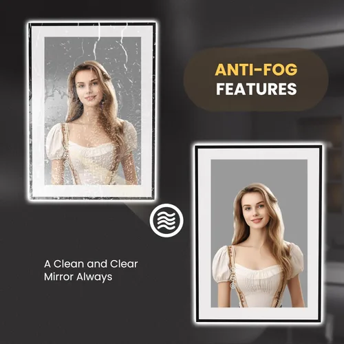 Vista 4 de LOAAO Espejo de baño LED de 20 x 28 pulgadas, marco negro, antiniebla, regulable, espejo de tocador de baño iluminado para pared, función