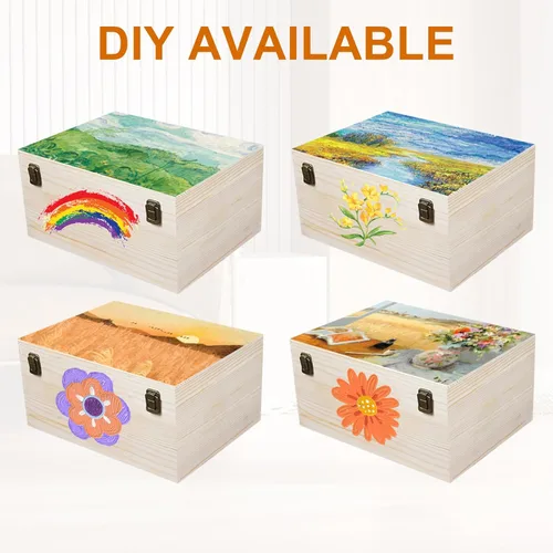 Vista 4 de Caja de madera sin terminar, cajas de madera natural de 12 x 9 x 5 pulgadas, caja grande de madera con tapa con bisagras y cierre frontal, cajas