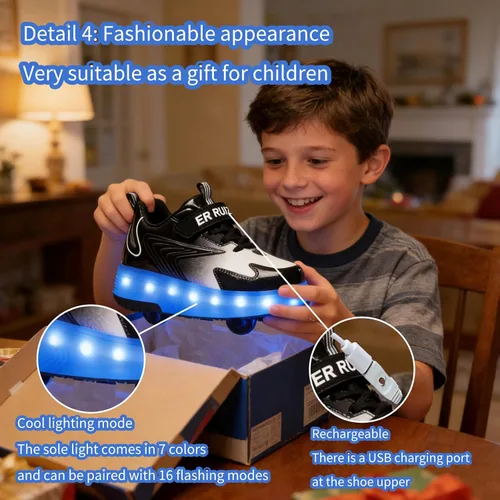 Vista 7 de Ehauuo - Zapatos de dos ruedas con luces recargables, con ruedas retráctiles, tenis unisex con LED intermitentes para Niñas Niños, Principiantes