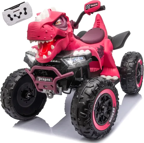 Vista 9 de ATV de dinosaurio de 24 V, motor de potencia de 200 W x 2, ruedas grandes, juguete de 2 plazas con control parental, suspensión de 4 ruedas, luces