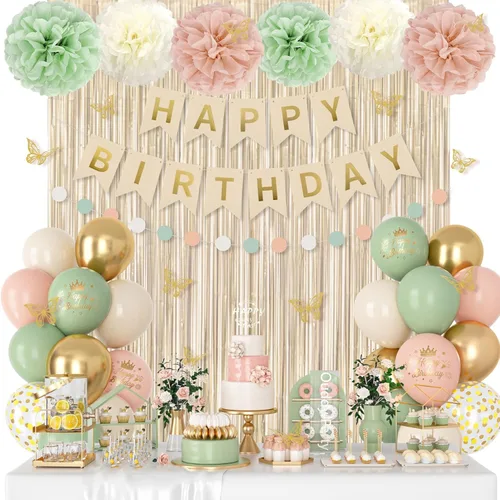 Vista 14 de Decoraciones de Cumpleaños Neutras para Mujeres y Niñas, Globos con Confeti Blanco Arena Dorado con Estampado Metálico, Calcomanías de Mariposa