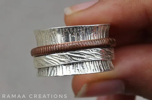 Vista 4 de Sterling Silver Spinner Ring Anxiety Silver and Copper Spinner Ring Fidget Spinner Ring for Women Handmade Two Spinner Ring Sterling Silver