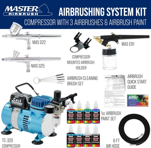 Vista 2 de Equipo profesional de 3 sistemas de aerógrafo con compresor y kit de pinturas de 6 colores primarios, de Master Airbrush