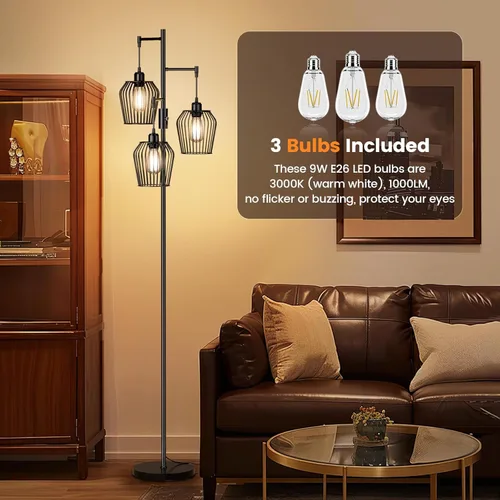 Vista 5 de SIBRILLE Lámpara de pie regulable, lámpara de pie industrial de granja con elegante jaula y 3 bombillas LED de 1000LM, lámpara de pie alta y negra